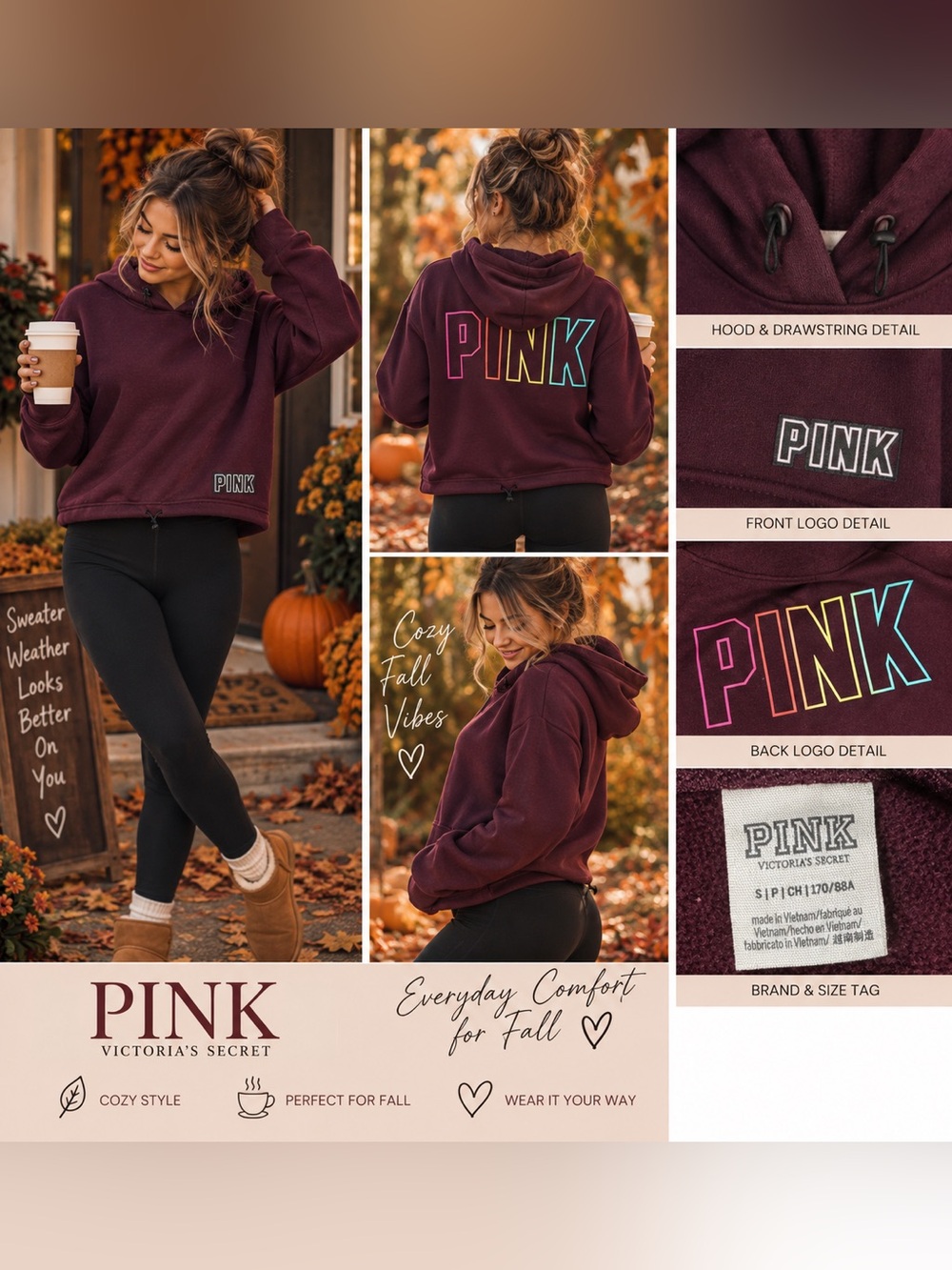 PINK Victoria’s Secret Burgundy Plum Pullover Hoodie Size Small